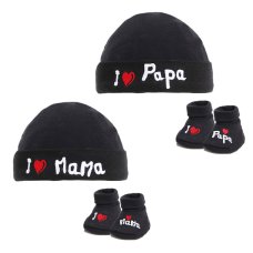 HB30-BLK: Black I ♡ Mama/Papa Hat & Bootee Set